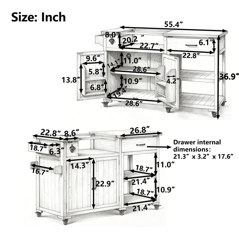 TOPMAX 55.4" Outdoor Solid Wood Kitchen Cart, Stainless Top Grill Cart, Kitchen Island with Spice Rack, Drawer, Adjustable Shelves and 4 Door Racks  for Patio, Deck, photo 5 of 10