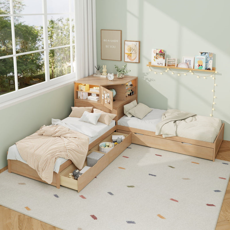 L-Shaped Bed Frame With Trundle, Built In Desk & LED Lighting by HouseOfZazla
