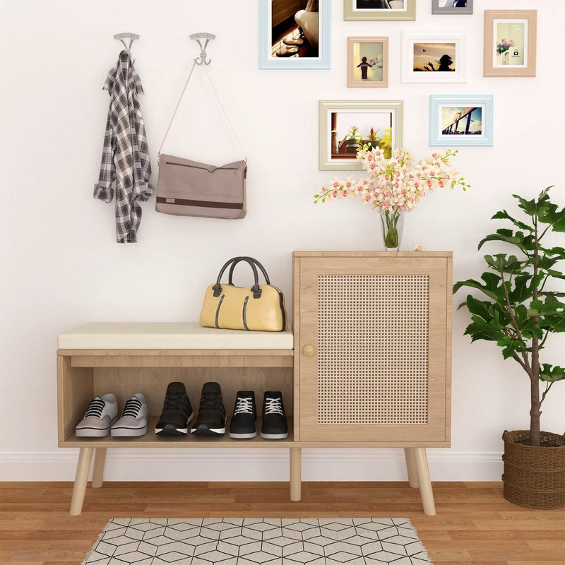2 In 1 Shoe Storage Bench With Adjustable Shelves - Antique Natural / Rattan by HouseOfZazla