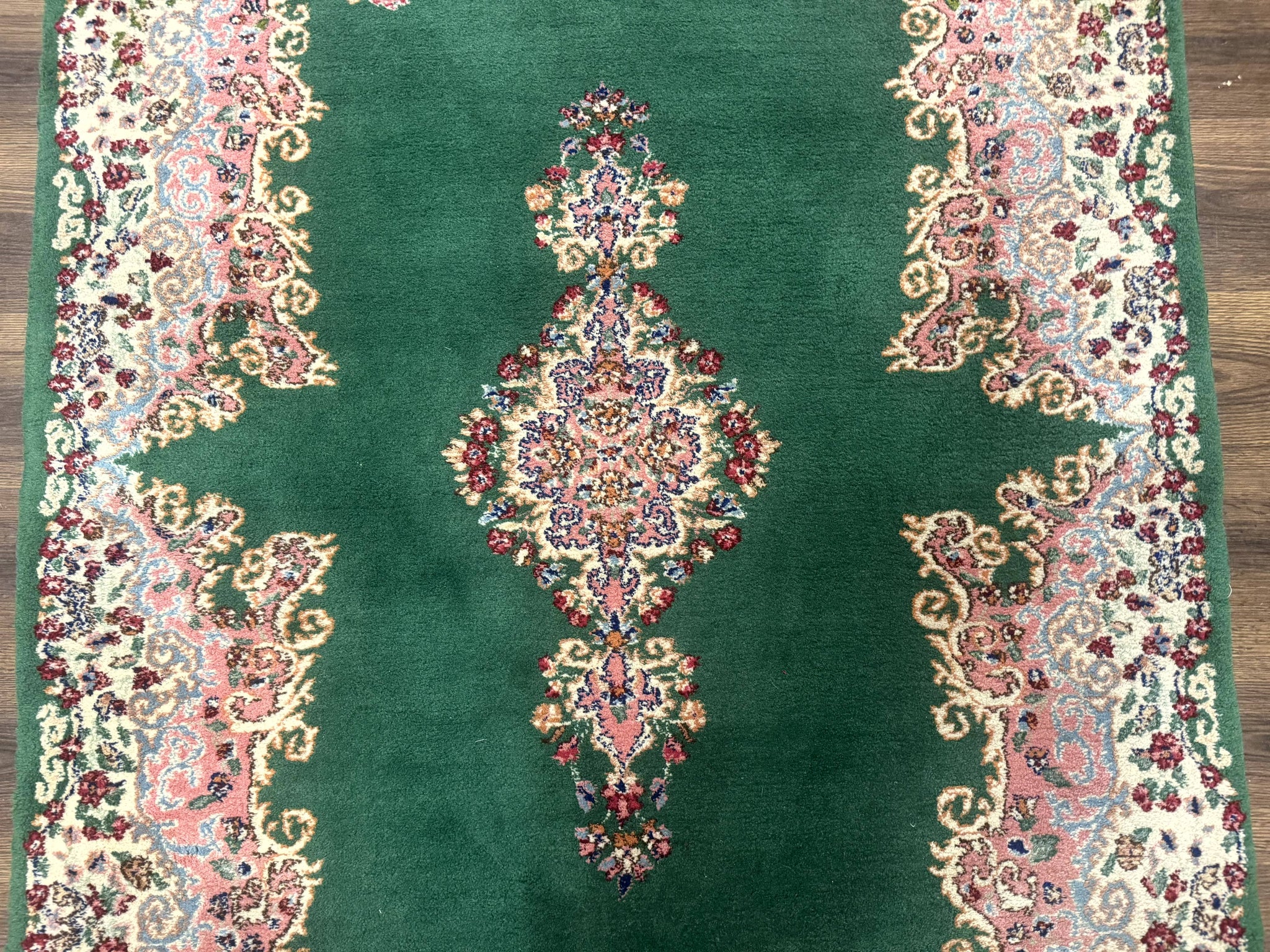 Green Persian Kerman Rug 4x6, Semi Open Field, Green & Cream, Vintage by Jewel Rugs