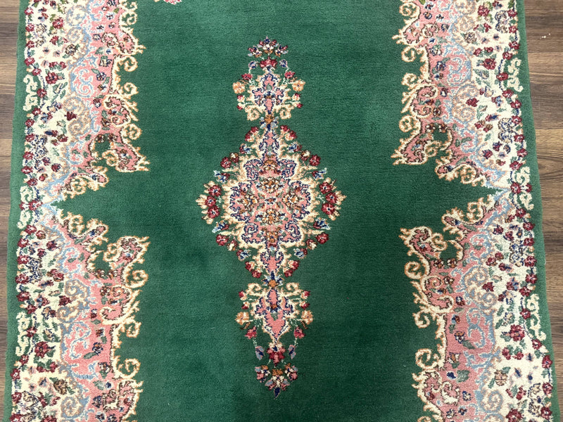 Green Persian Kerman Rug 4x6, Semi Open Field, Green & Cream, Vintage by Jewel Rugs