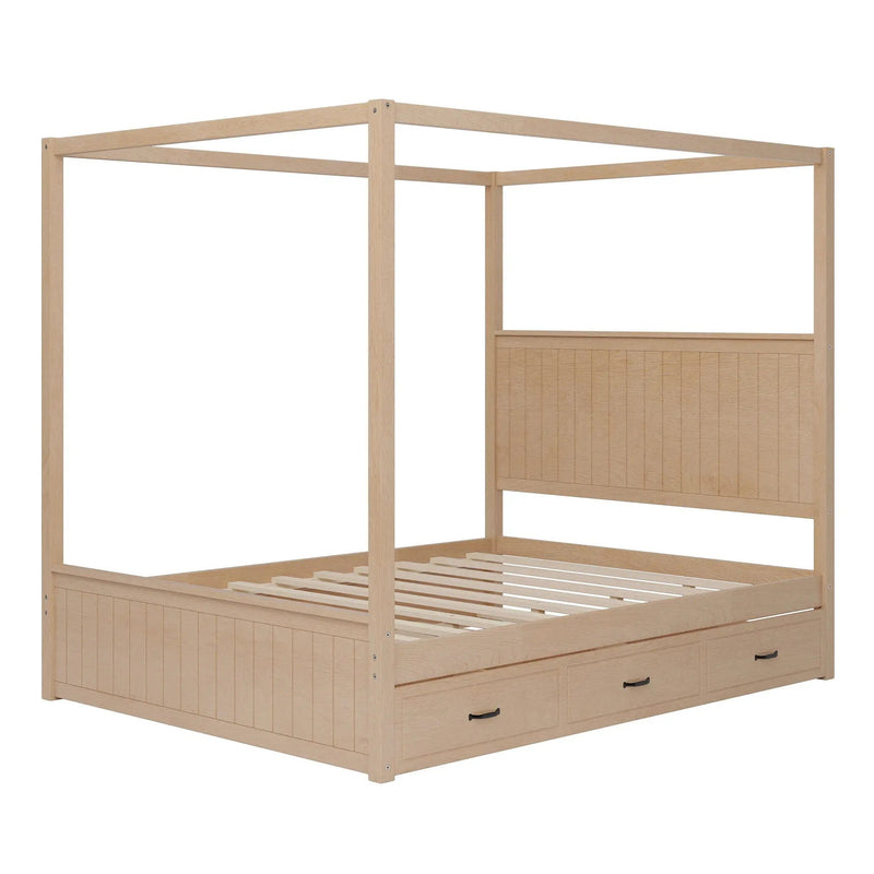 Queen Size Canopy Platform Bed With Trundle And 3 Storage Drawers, 4 Post, No Box Spring Needed - Natural by HouseOfZazla