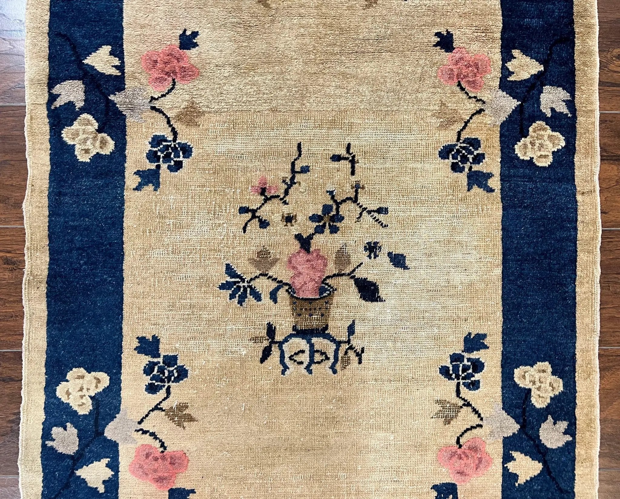 Antique Chinese Peking Rug 3x6, Beige and Dark Blue Hand Knotted Handmade Asian Oriental Carpet, Floral Vases, Vintage Wool Art Deco Rug by Jewel Rugs