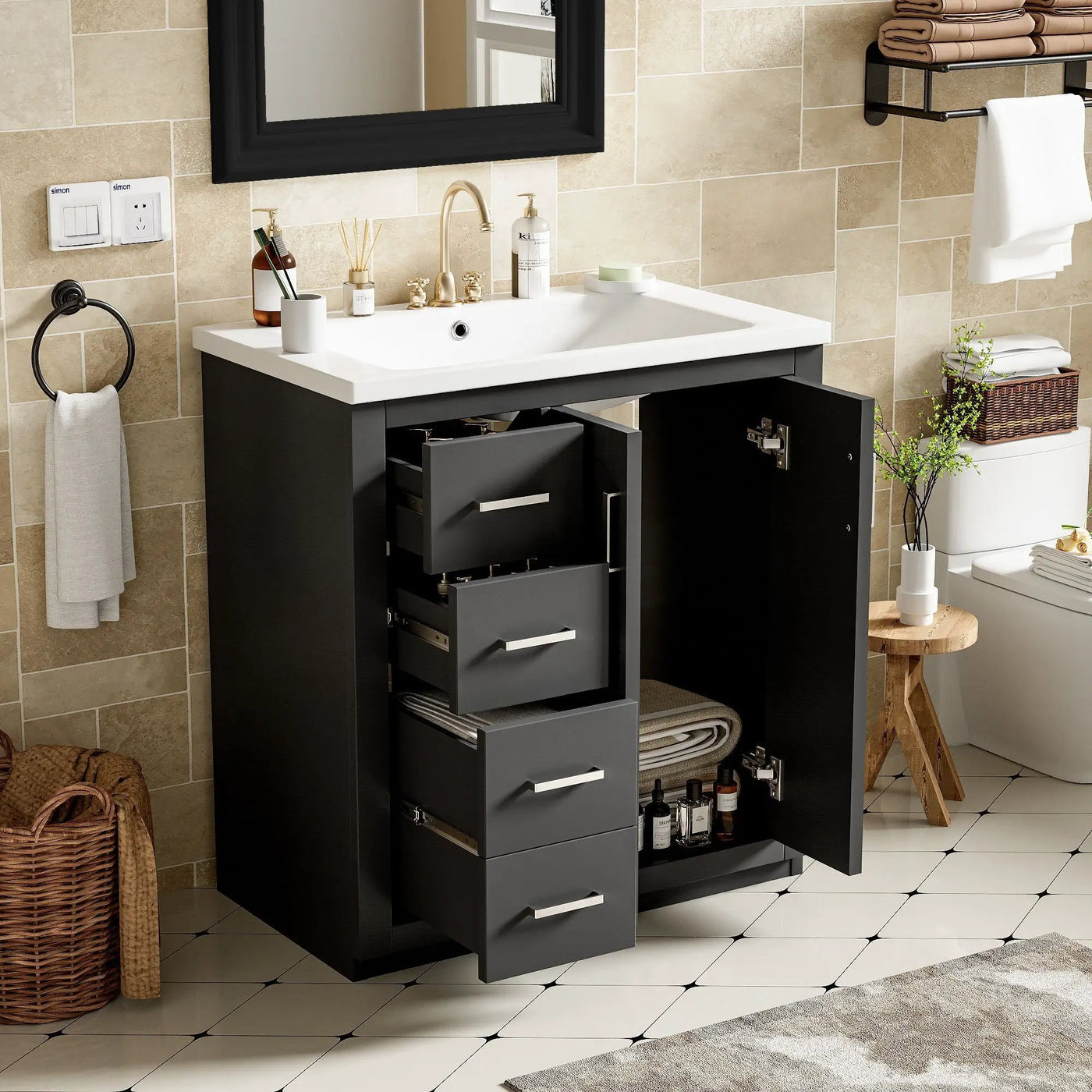Ceramic Sink Combo, Freestanding Vanity Set With 3 Drawers & Soft Closing Doors by HouseOfZazla