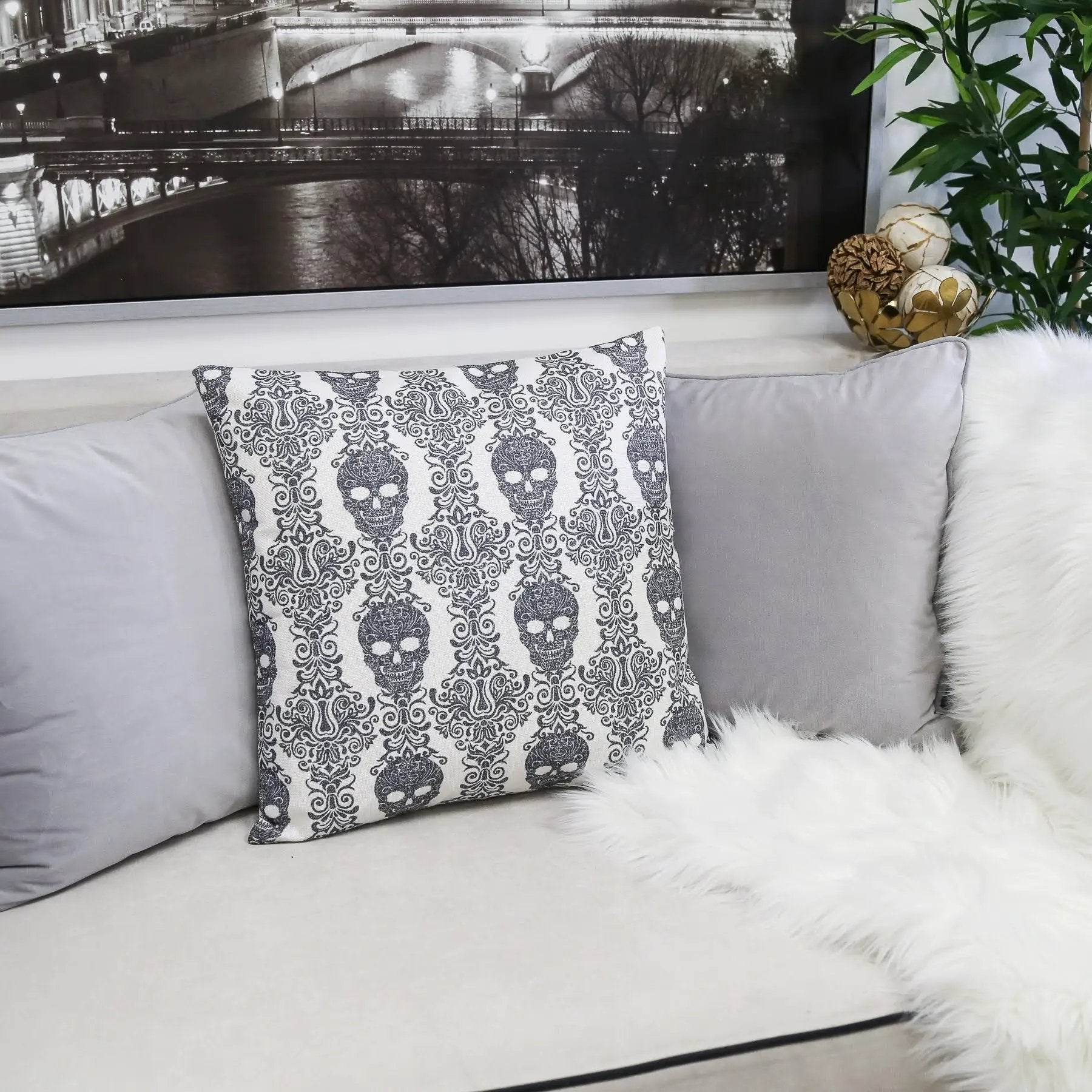 Gothic Damask Skull Throw Pillow – Black & White Cotton Linen by HouseOfZazla