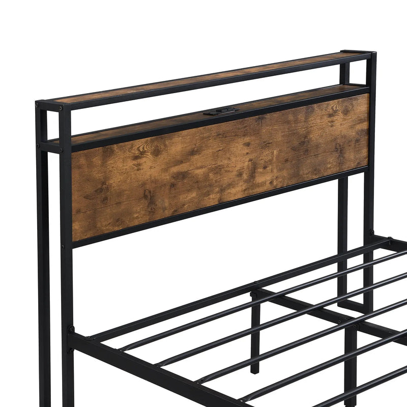 Metal Platform Bed Frame With Wooden Headboard And Footboard With USB Liner, No Box Spring Needed, Under Bed Storage by HouseOfZazla