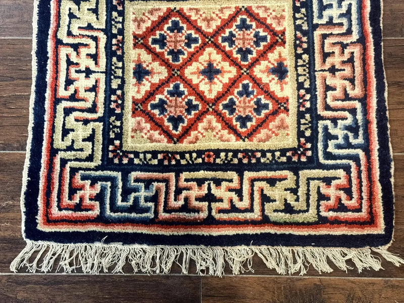 Small Antique Chinese Rug 2x2, Red Blue Square Rug Mat, Handmade, Tibetan Rug by Jewel Rugs