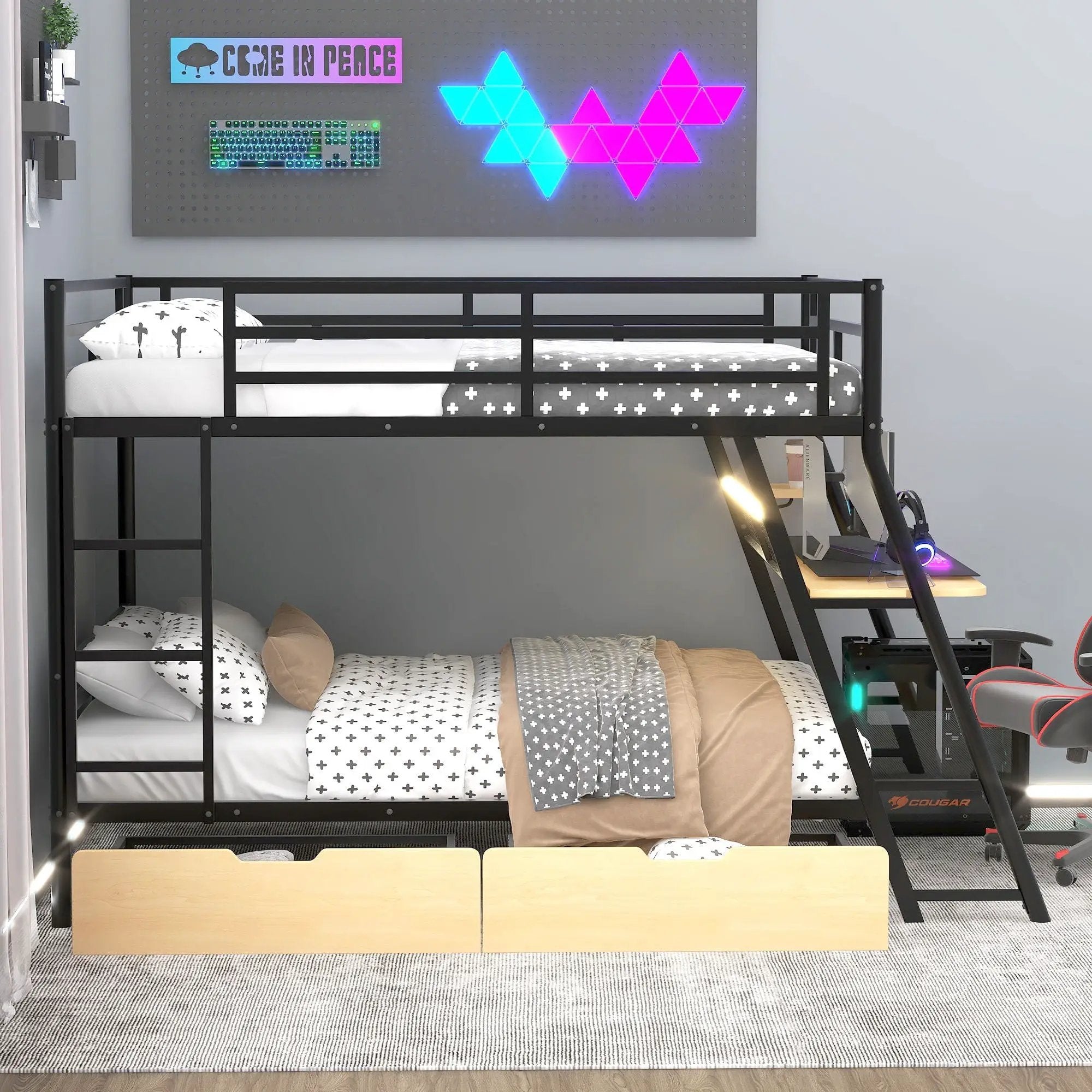 Full Size Bunk Bed With Built In Desk, Light, And 2 Drawers - Black by HouseOfZazla