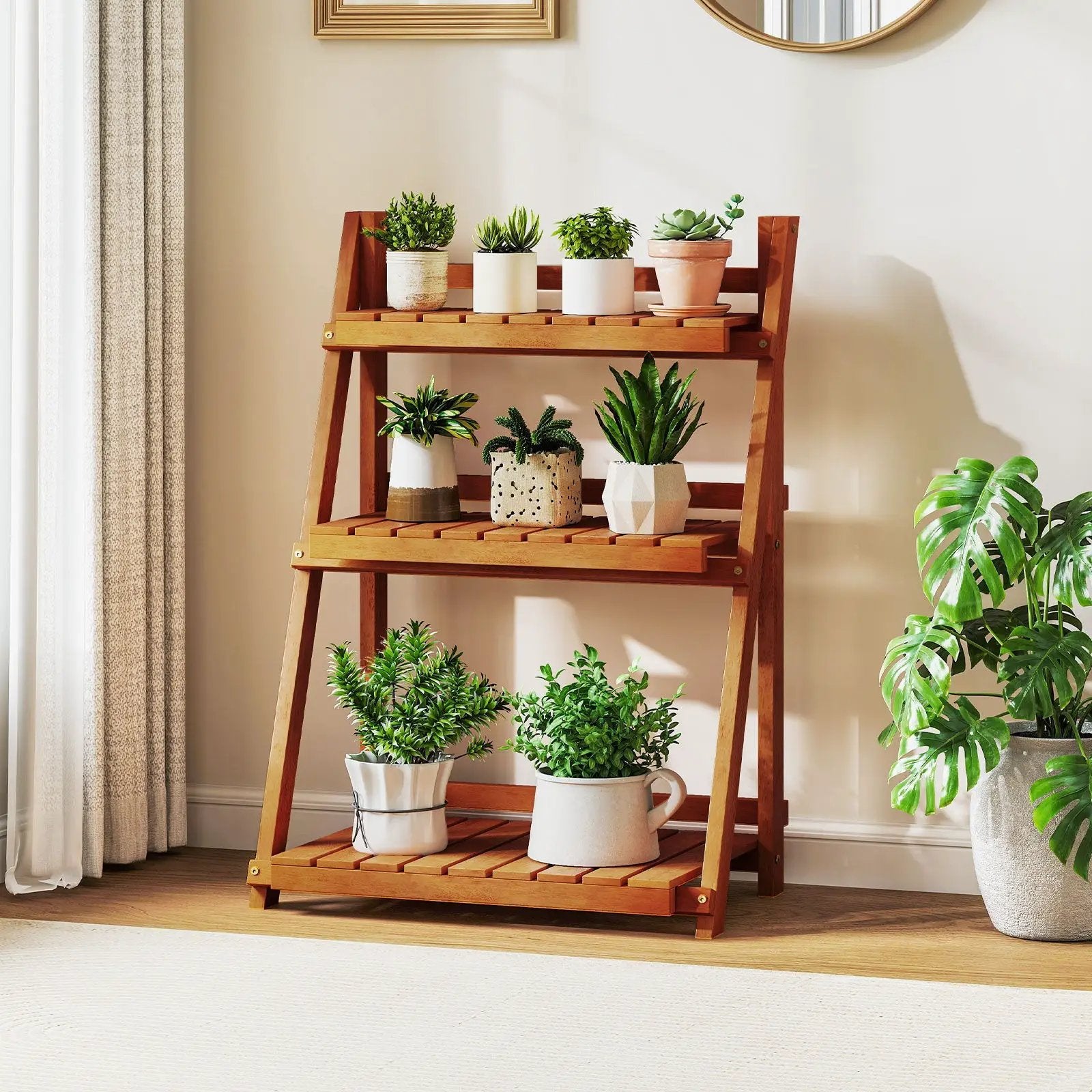 Foldable 3-Tier Solid Wood Plant Stand for Patio Balcony by DirectDeals