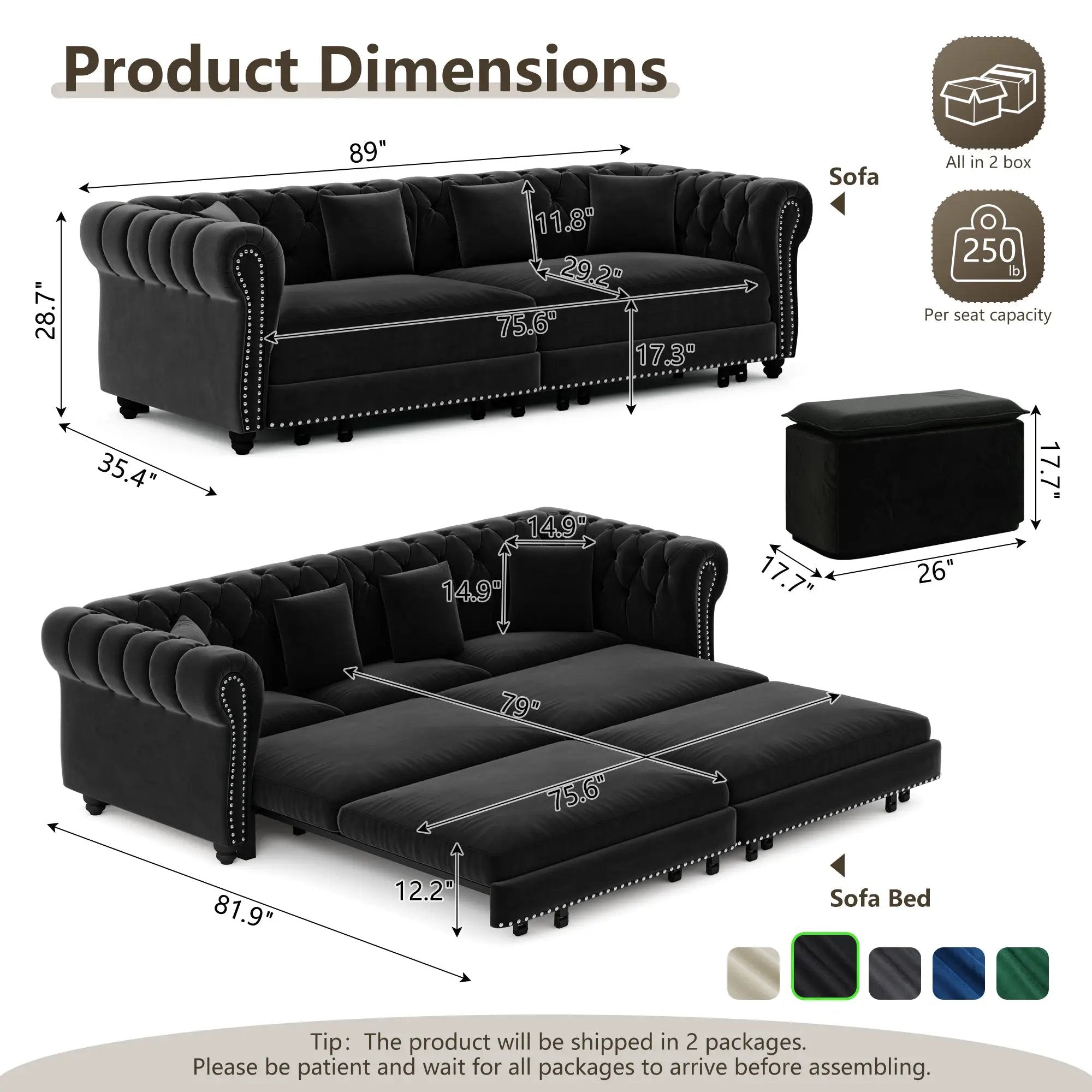 Chesterfield Sofa Bed - 3-in-1 Convertible Velvet Sofa by HouseOfZazla