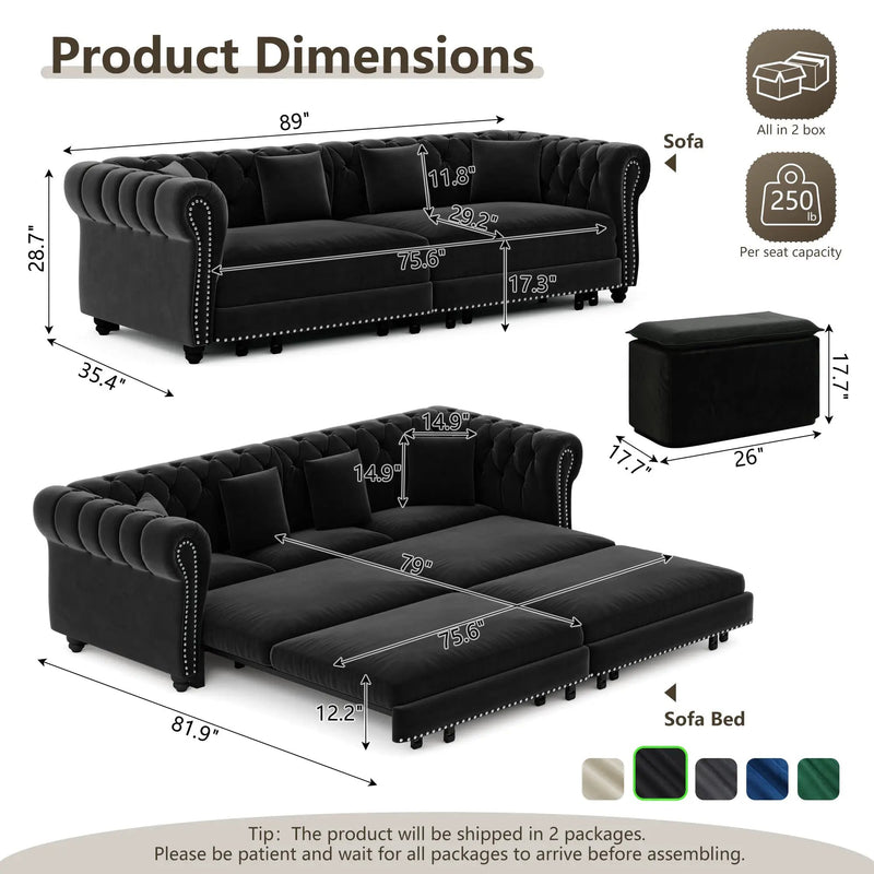 Chesterfield Sofa Bed - 3-in-1 Convertible Velvet Sofa by HouseOfZazla