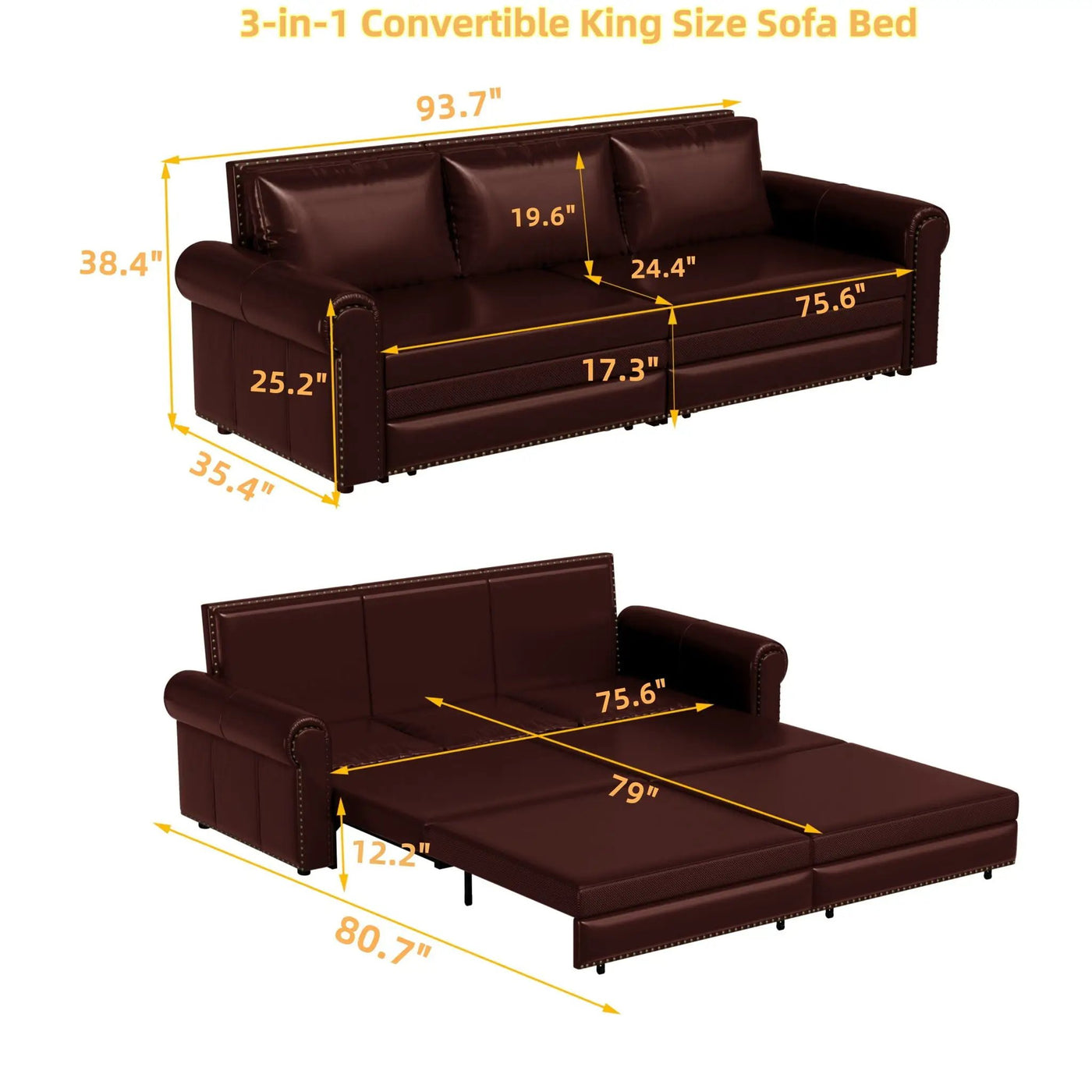 3 In 1 Convertible Sleeper Sofa With Nailhead Trim & Rolled Arm by HouseOfZazla