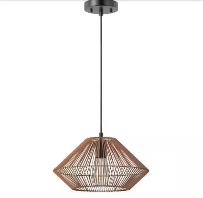 Hampton Bay Savannah 1-light Matte Black Shaded Pendant Light with Paper Twine Shade by Selzalot