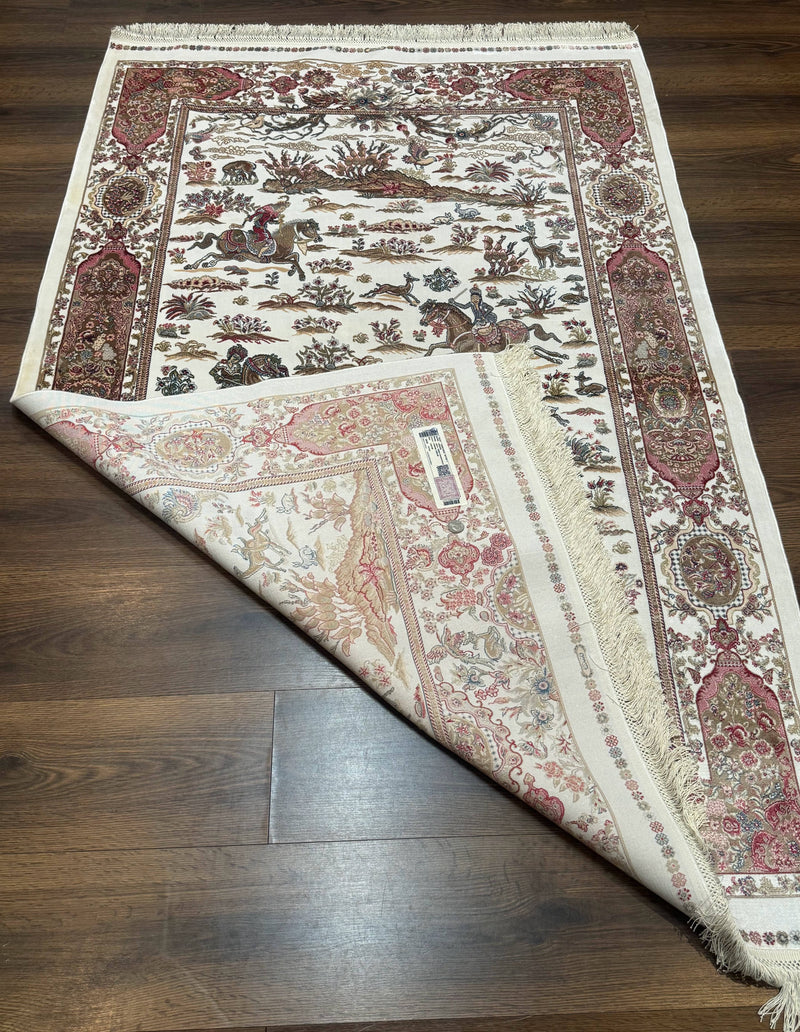 Turkish Silk Hunting Scene Rug 4x6, Ivory, Bamboo Silk, New by Jewel Rugs