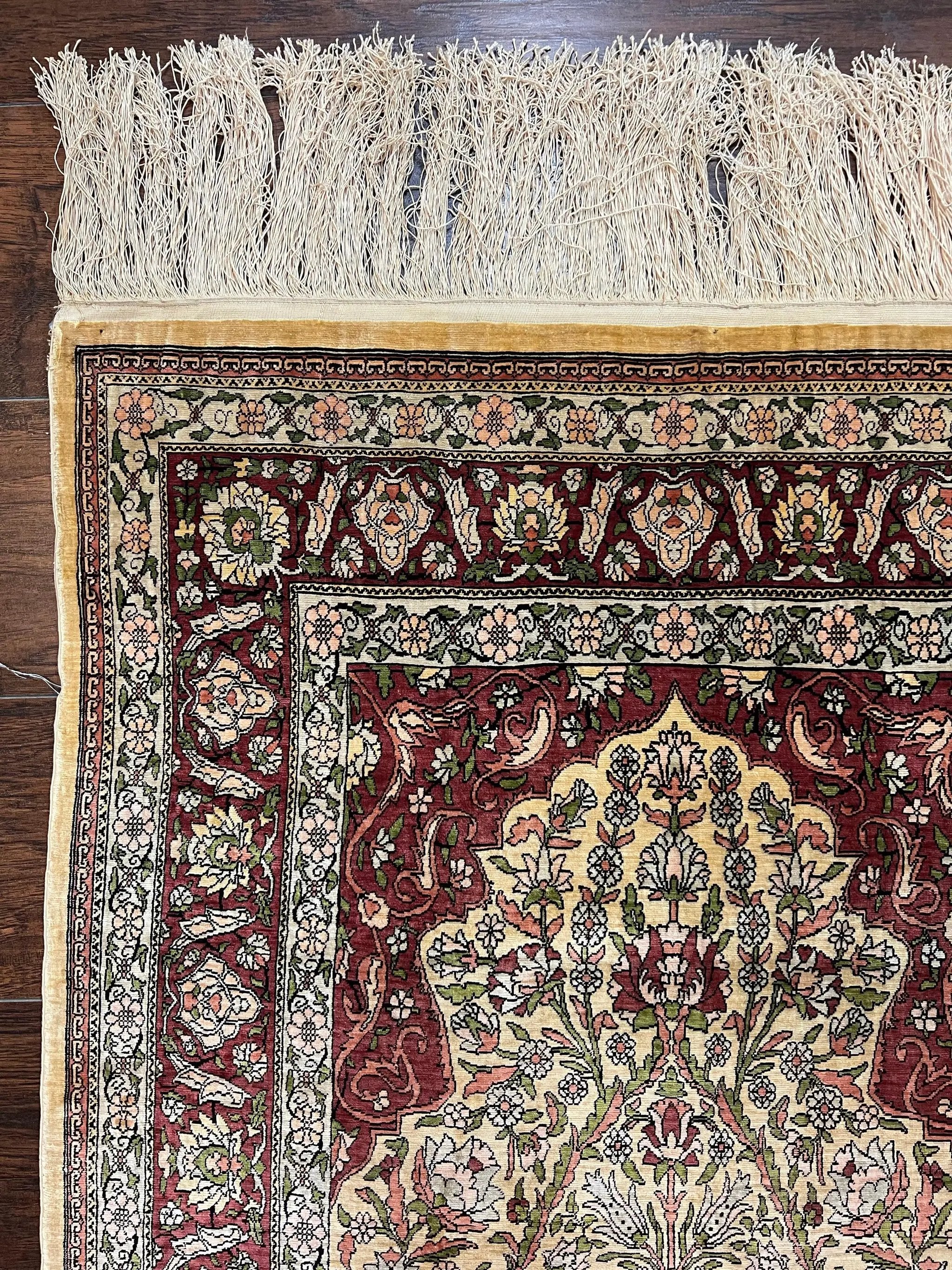 Wonderful Silk Turkish Hereke Prayer Rug 2.8 x 4.5, Tree of Life Design, Signature from Master Weaver, Gold and Burgundy, Handmade, 625 KPSI by Jewel Rugs