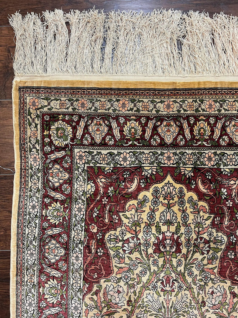 Wonderful Silk Turkish Hereke Prayer Rug 2.8 x 4.5, Tree of Life Design, Signature from Master Weaver, Gold and Burgundy, Handmade, 625 KPSI by Jewel Rugs