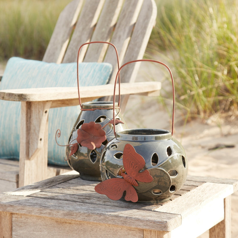Ceramic lantern candle holder with metal leaf accent (set of 2), photo 2 of 3