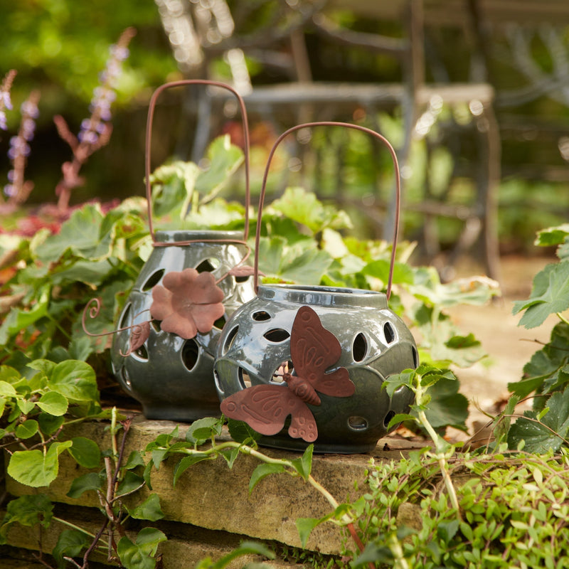 Ceramic lantern candle holder with metal leaf accent (set of 2), photo 3 of 3