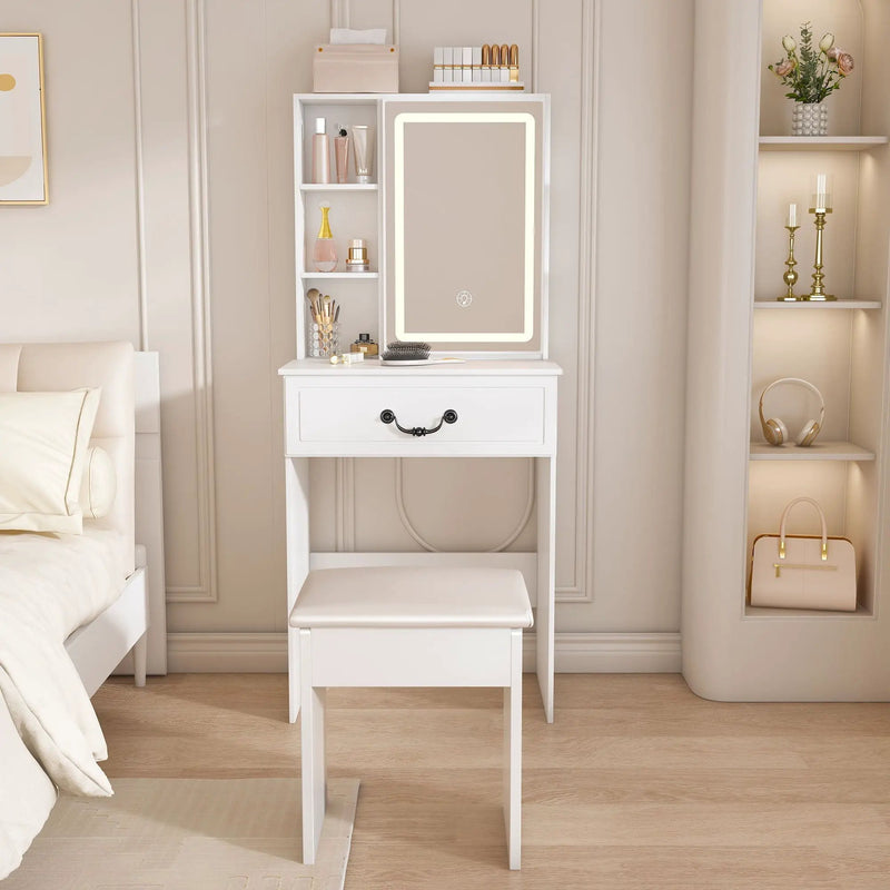 Modern Mini Dressing Table With Led-Lit Mirror & Hidden Storage, Adjustable Brightness Vanity Desk - White by HouseOfZazla
