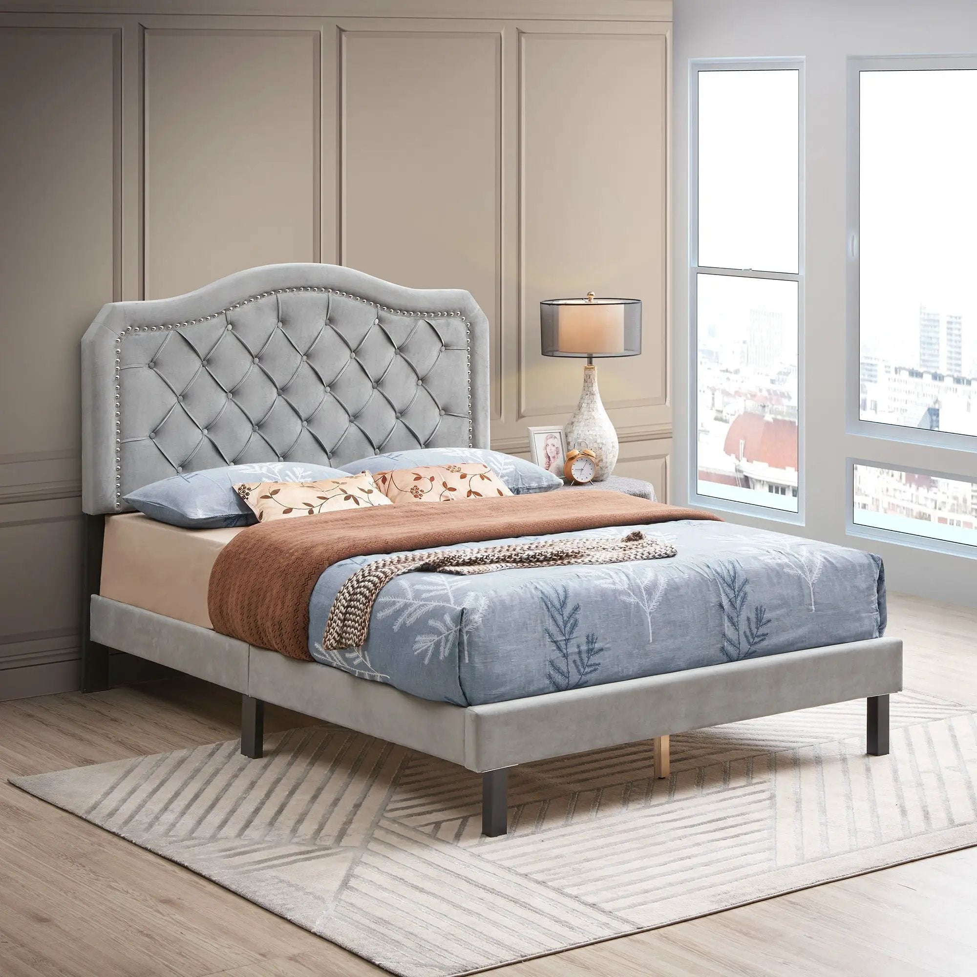 Queen Platform Upholstered Bed Button Tufted With Curve Design, Strong Wood Slat Support - Gray by Unique Piece Furniture