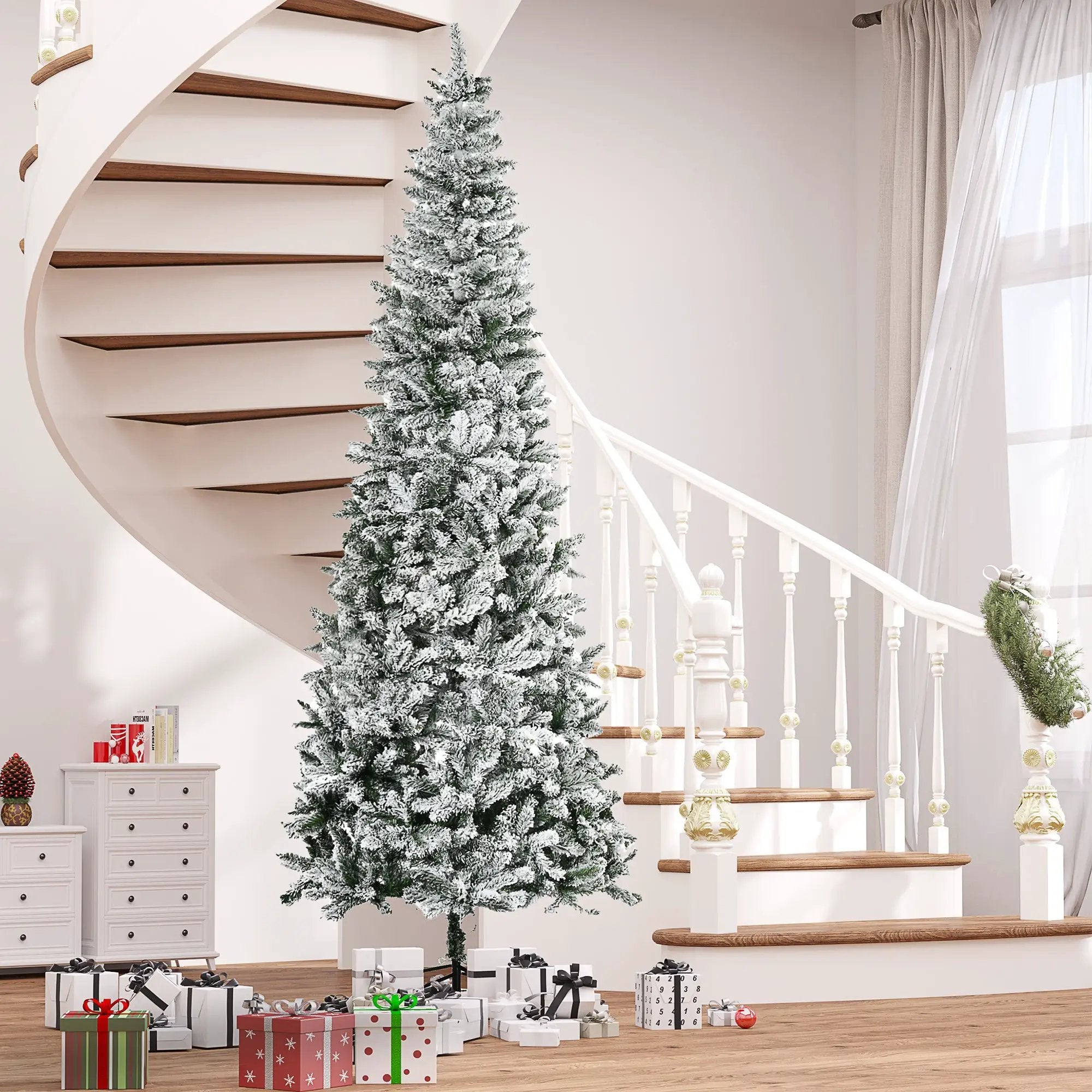 HOMCOM 9ft Unlit Snow-Flocked Slim Pine Artificial Christmas Tree by HouseOfZazla