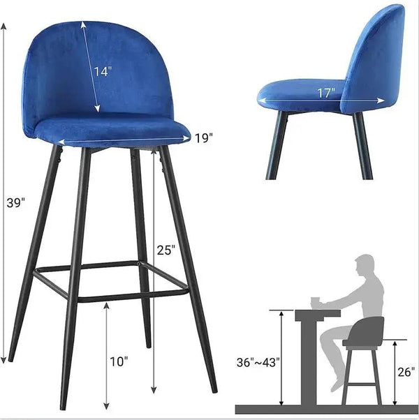 Bar Stool (Set of 2) Modern Counter Bar Height Chair With Back, Sturdy Metal Legs & Footrests, Island Stool For Kitchen Bar - Blue, photo 2 of 6