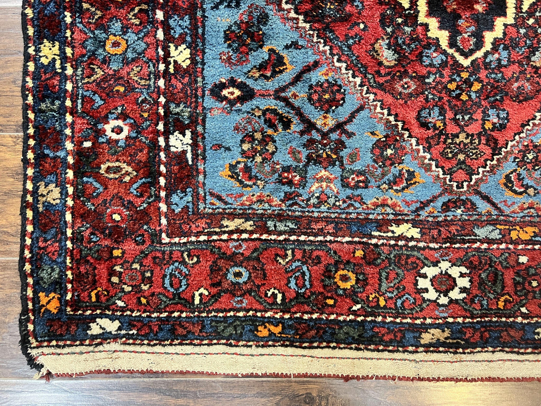 Antique Persian Tribal Rug 4x7, Wool Handmade 1920s Carpet, Red Blue, Persian Hamadan Rug by Jewel Rugs