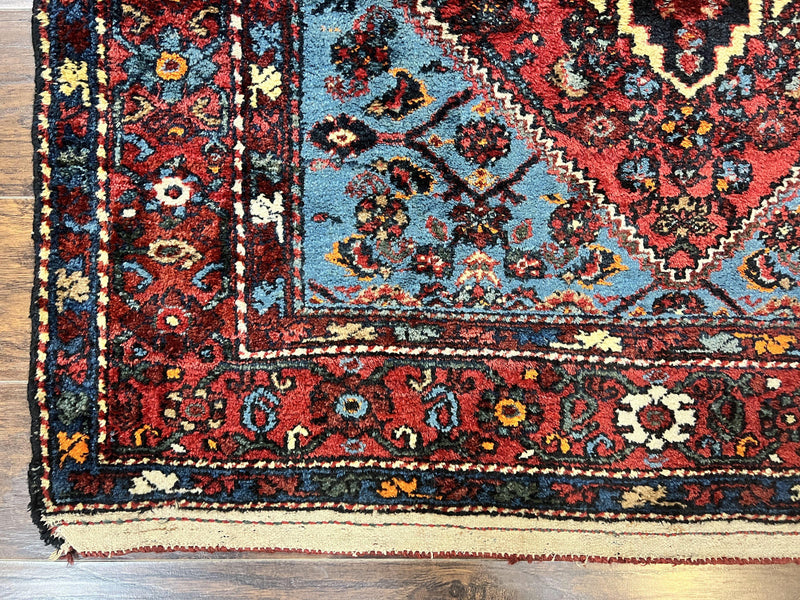 Antique Persian Tribal Rug 4x7, Wool Handmade 1920s Carpet, Red Blue, Persian Hamadan Rug by Jewel Rugs