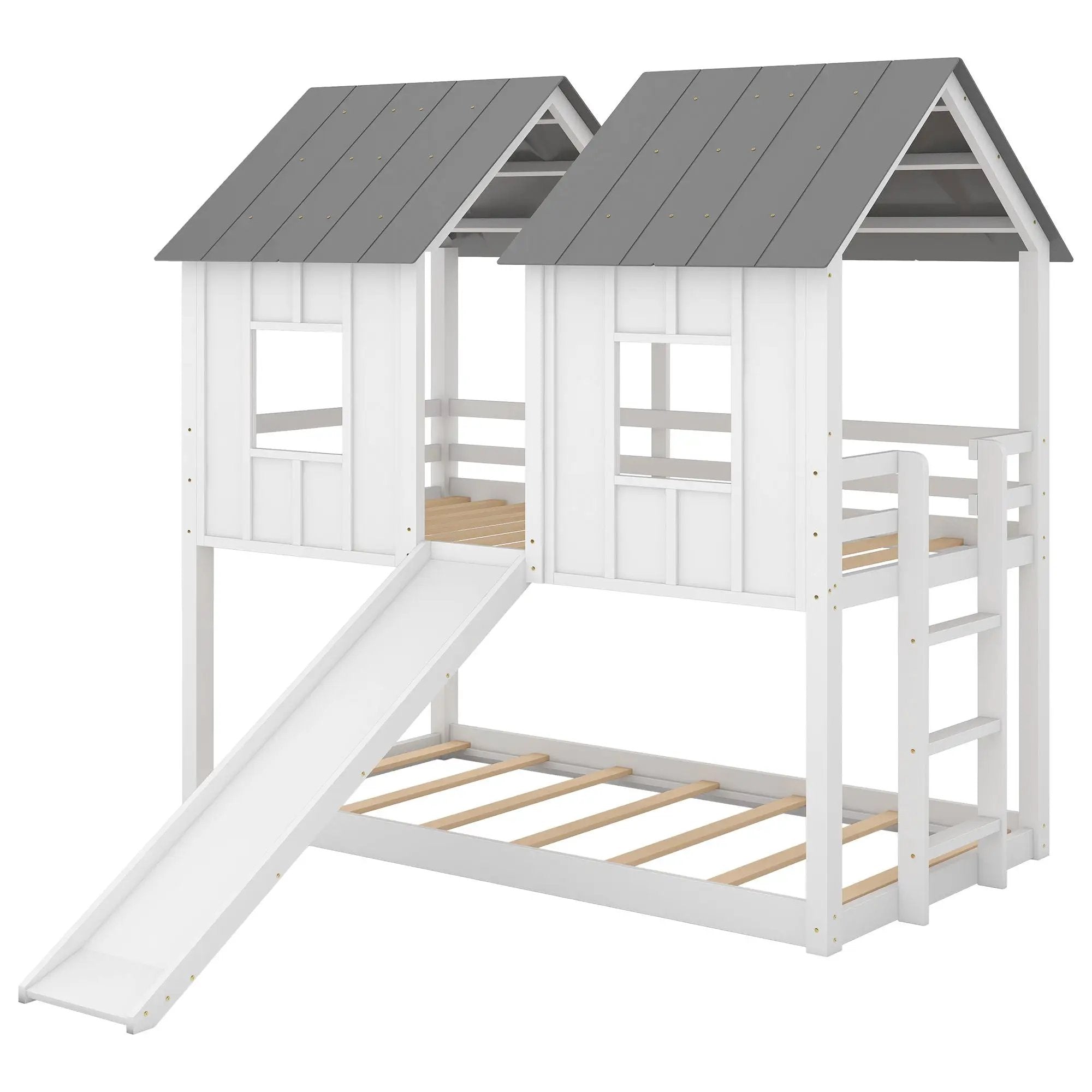 Twin Over Twin House Bunk Bed With Slide And Windows - White / Gray by HouseOfZazla
