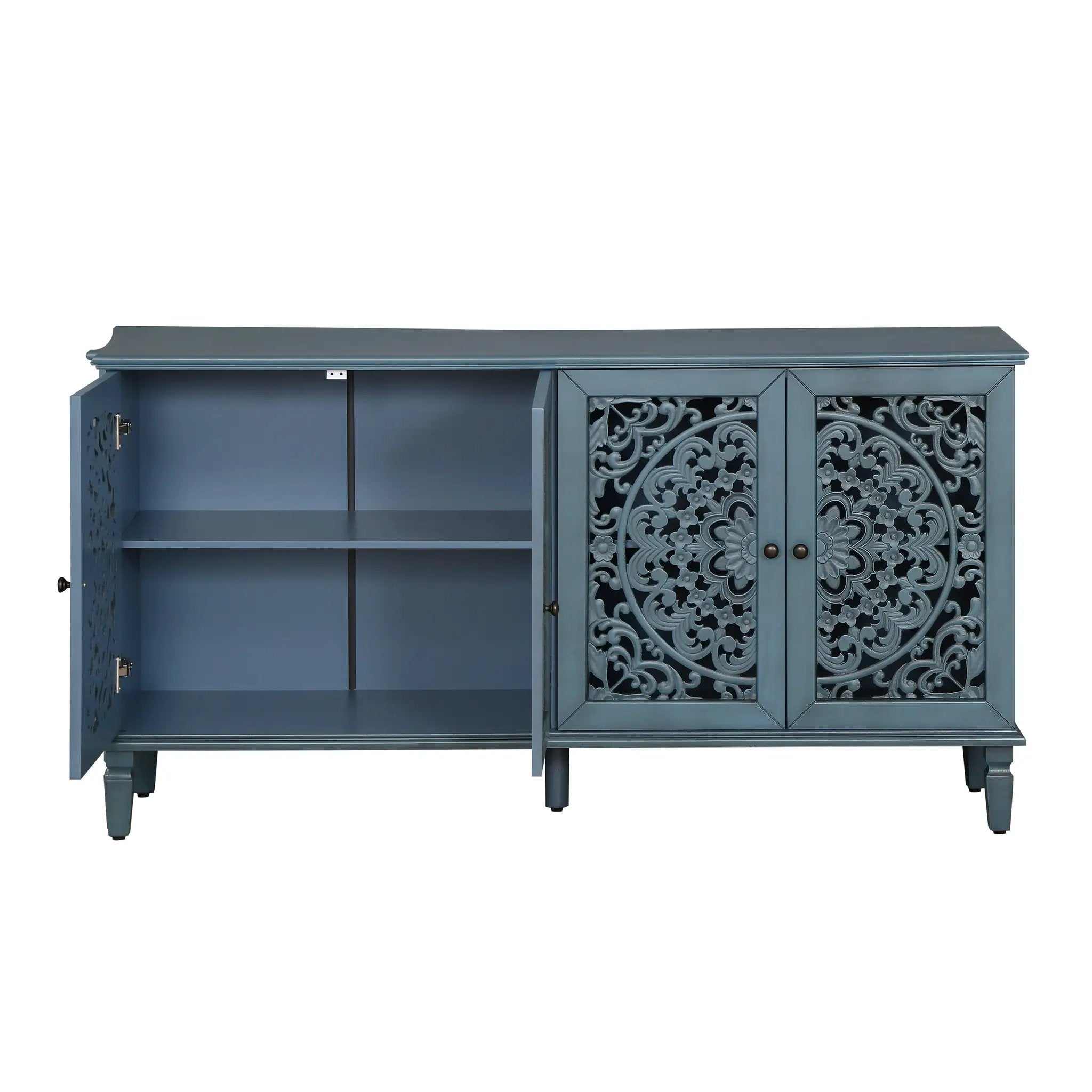 60" Antique Buffet Cabinet with Floral Carvings and Adjustable Shelves by HouseOfZazla