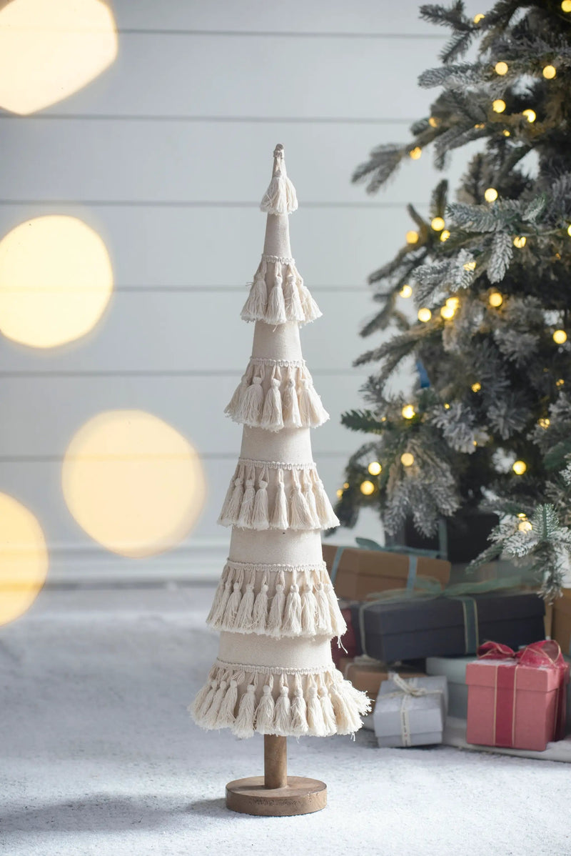 Fringes Embellished Cone With Wooden Base by HouseOfZazla