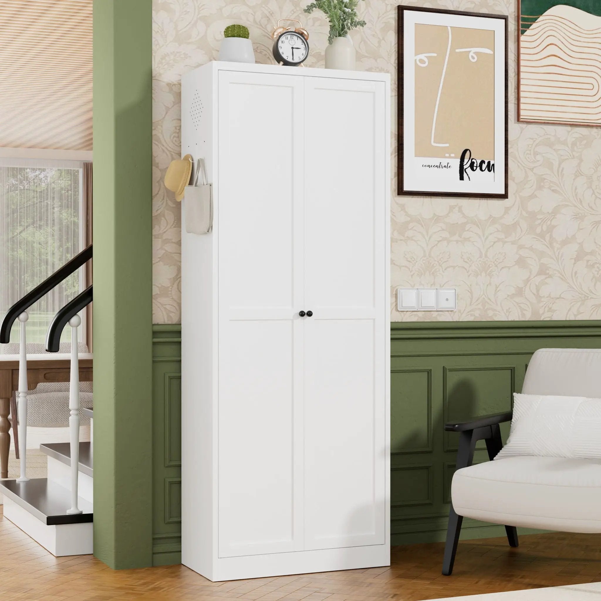 Kitchen Pantry Cabinet With Doors, Heavy-Duty Freestanding Storage Organizer With 5 Adjustable Shelves, Tool Free Assembly - White by Unique Piece Furniture