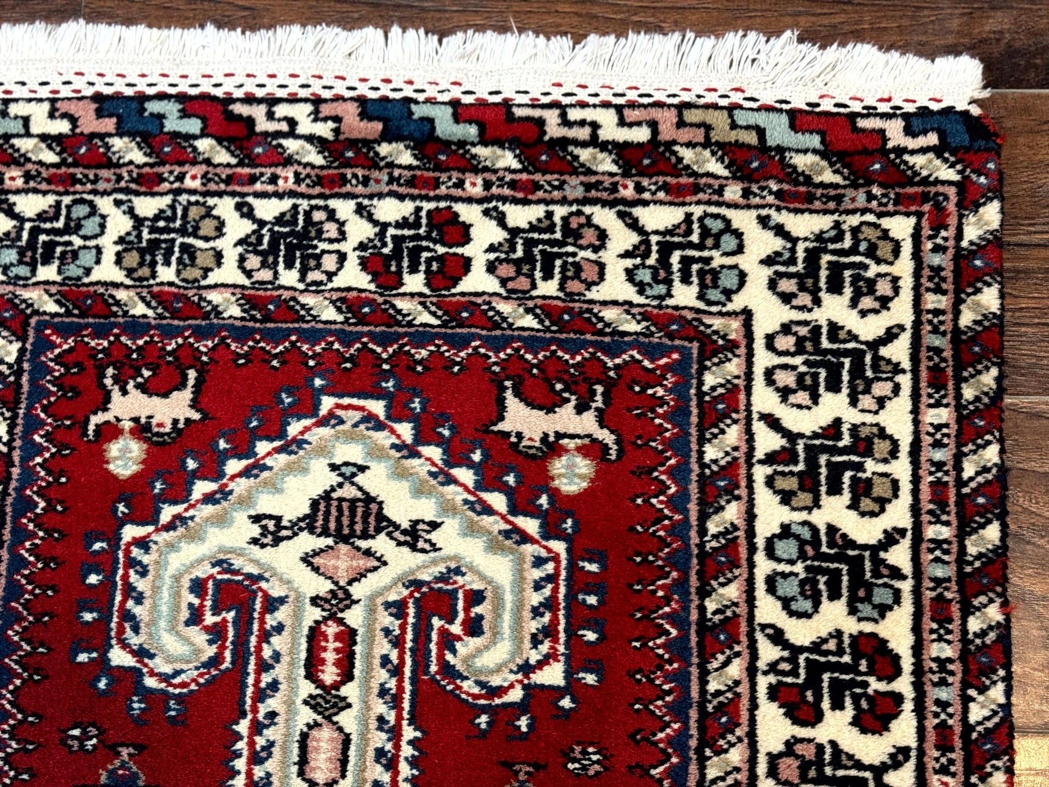 Indo Persian Runner Rug 2.6 x 12, Heriz Geometric Caucasian Design, Animal Pictorials, Tribal Runner Rug, Vintage Handmade Wool Red by Jewel Rugs