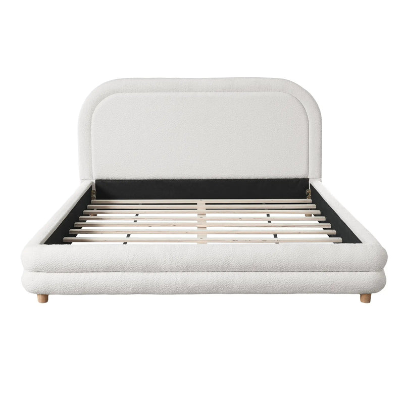 Queen Size Bed Frame With Boucle Upholstered Thick Curved Headboard, Solid Wood Legs by HouseOfZazla