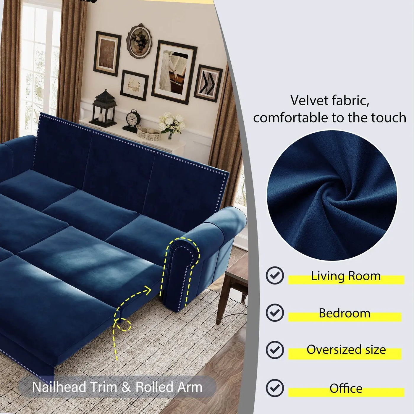 3 In 1 Convertible Sleeper Sofa With Nailhead Trim & Rolled Arm by HouseOfZazla