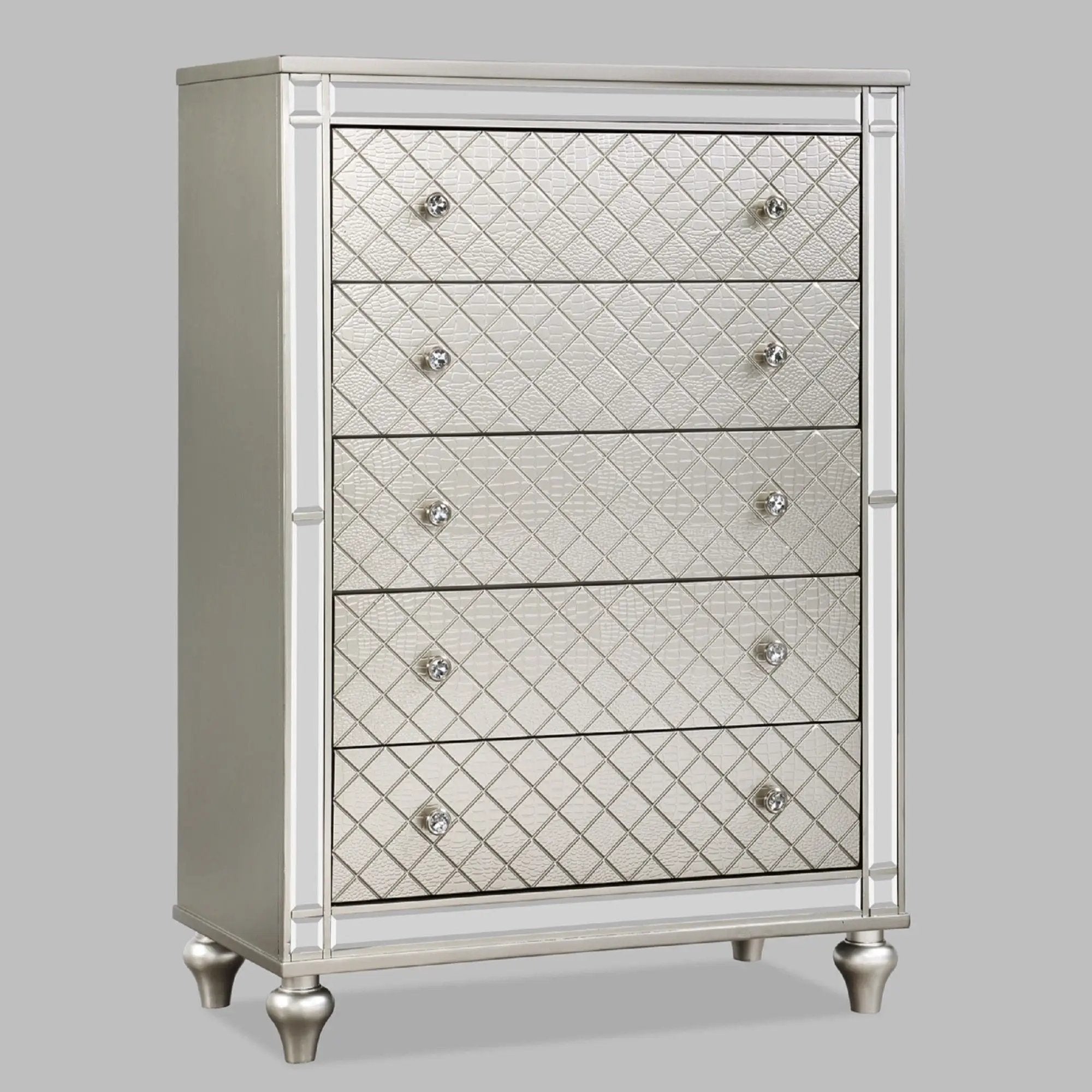 5 Drawer Bedroom Chest With Diamond Patterned Fronts - Silver by HouseOfZazla