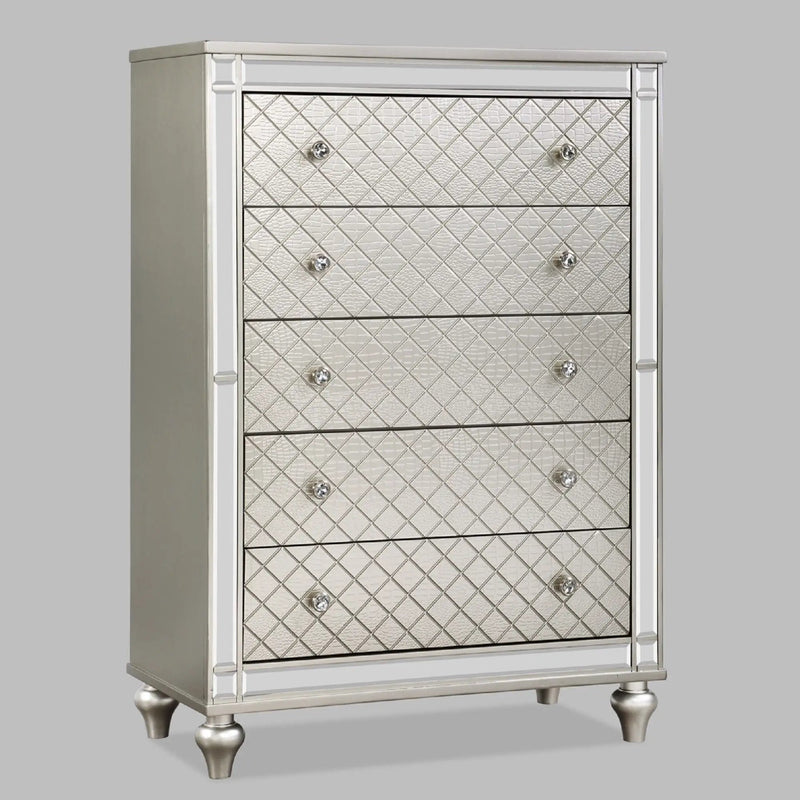 5 Drawer Bedroom Chest With Diamond Patterned Fronts - Silver by HouseOfZazla