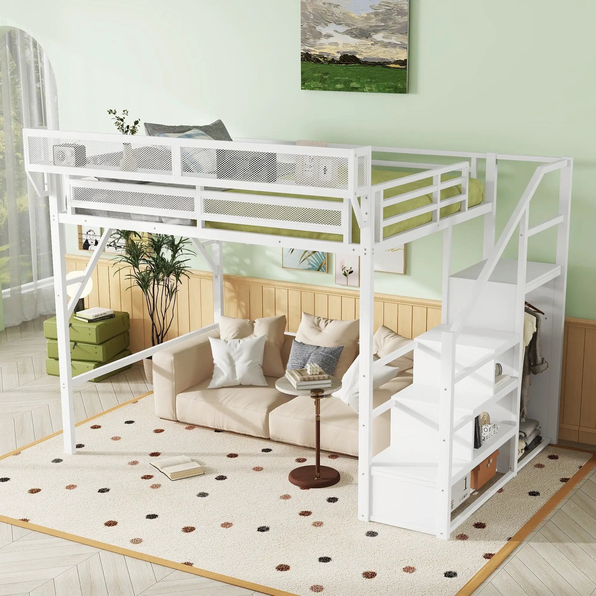 Queen Size Loft Bed with Stairs, Metal Queen Loft Bed with Storage Shelves by HouseOfZazla