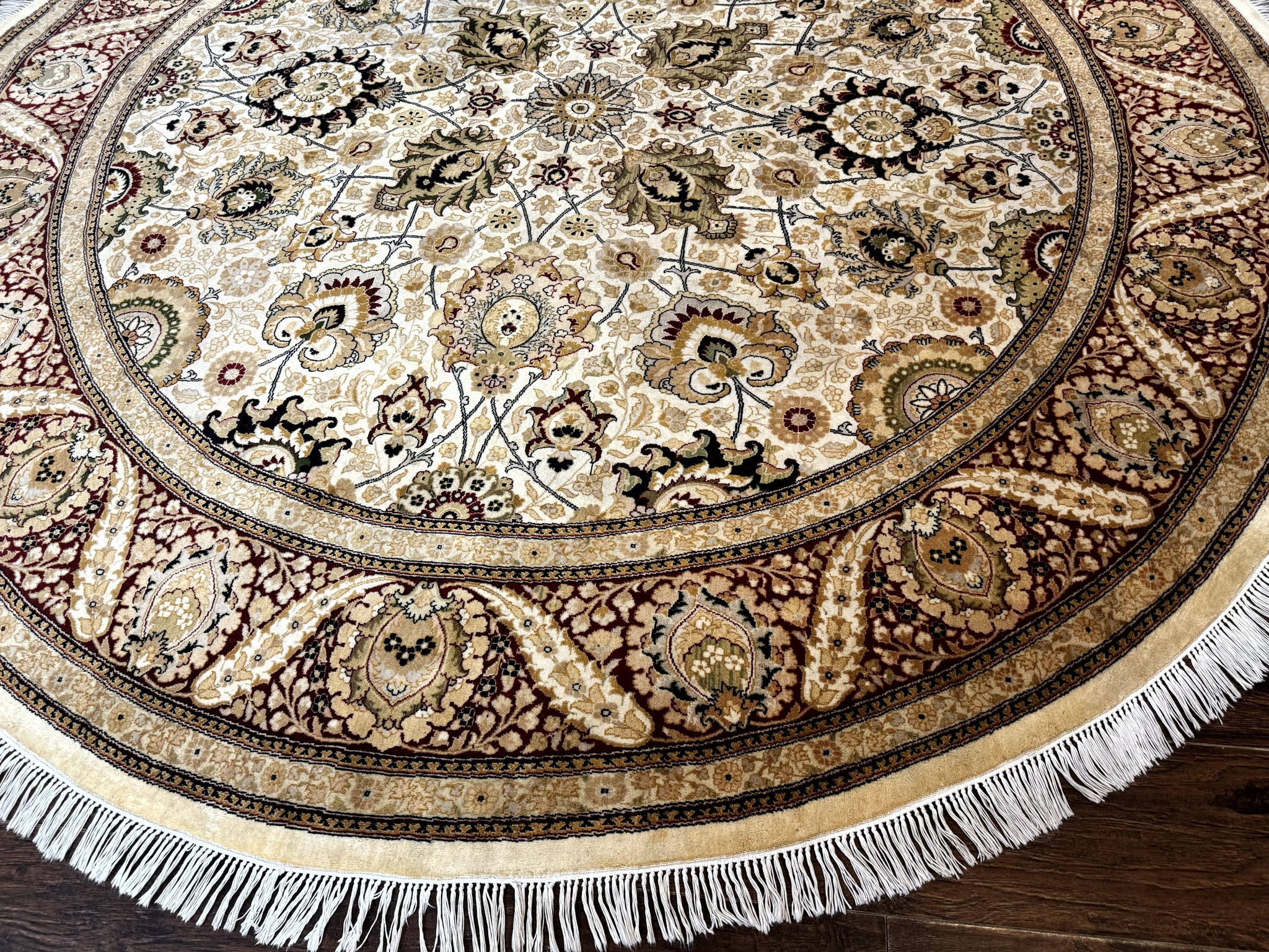 Round Pak Persian Rug 8x8, Vintage Handmade Wool Traditional Carpet, Beige Dark Red, Fine 270 KPSI by Jewel Rugs