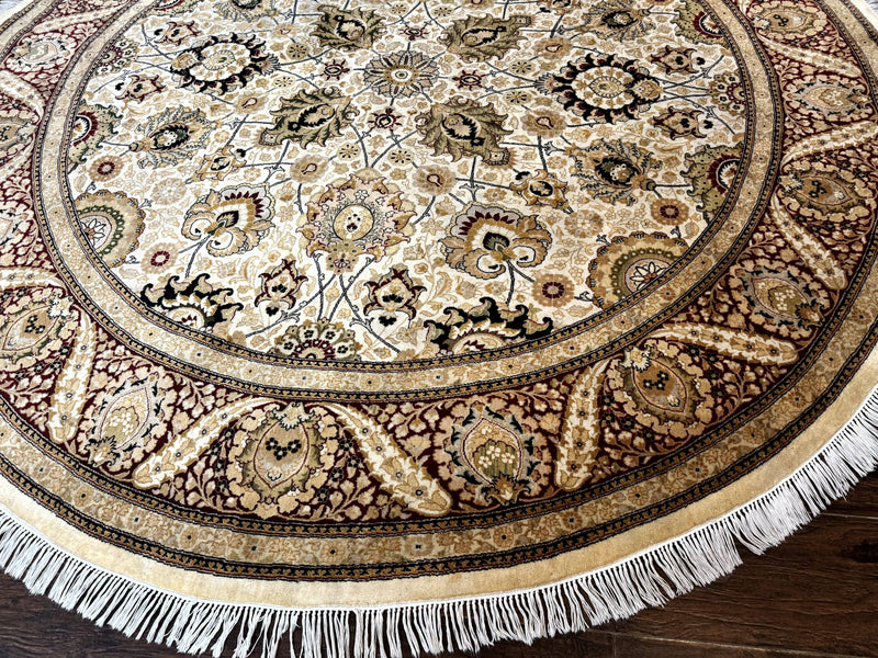 Round Pak Persian Rug 8x8, Vintage Handmade Wool Traditional Carpet, Beige Dark Red, Fine 270 KPSI by Jewel Rugs