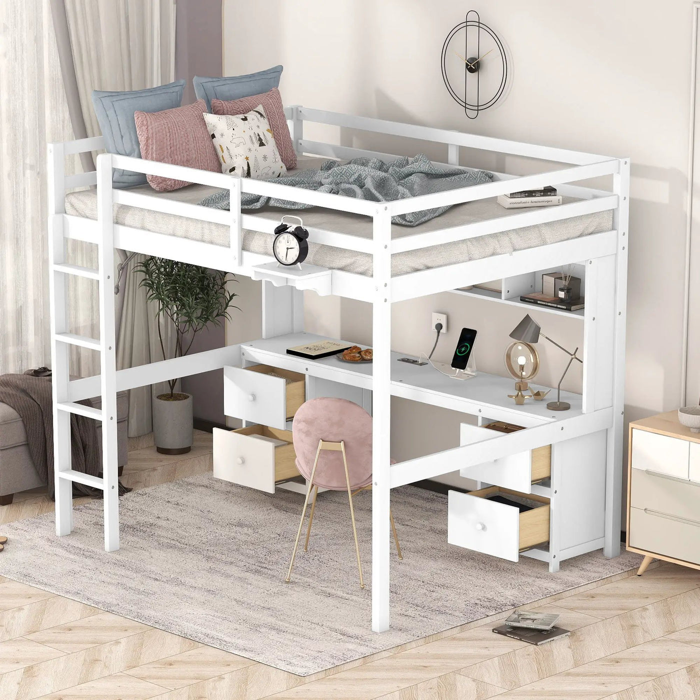 Loft Bed With Desk, Cabinets, Drawers, Charging Station And Bedside Tray by HouseOfZazla
