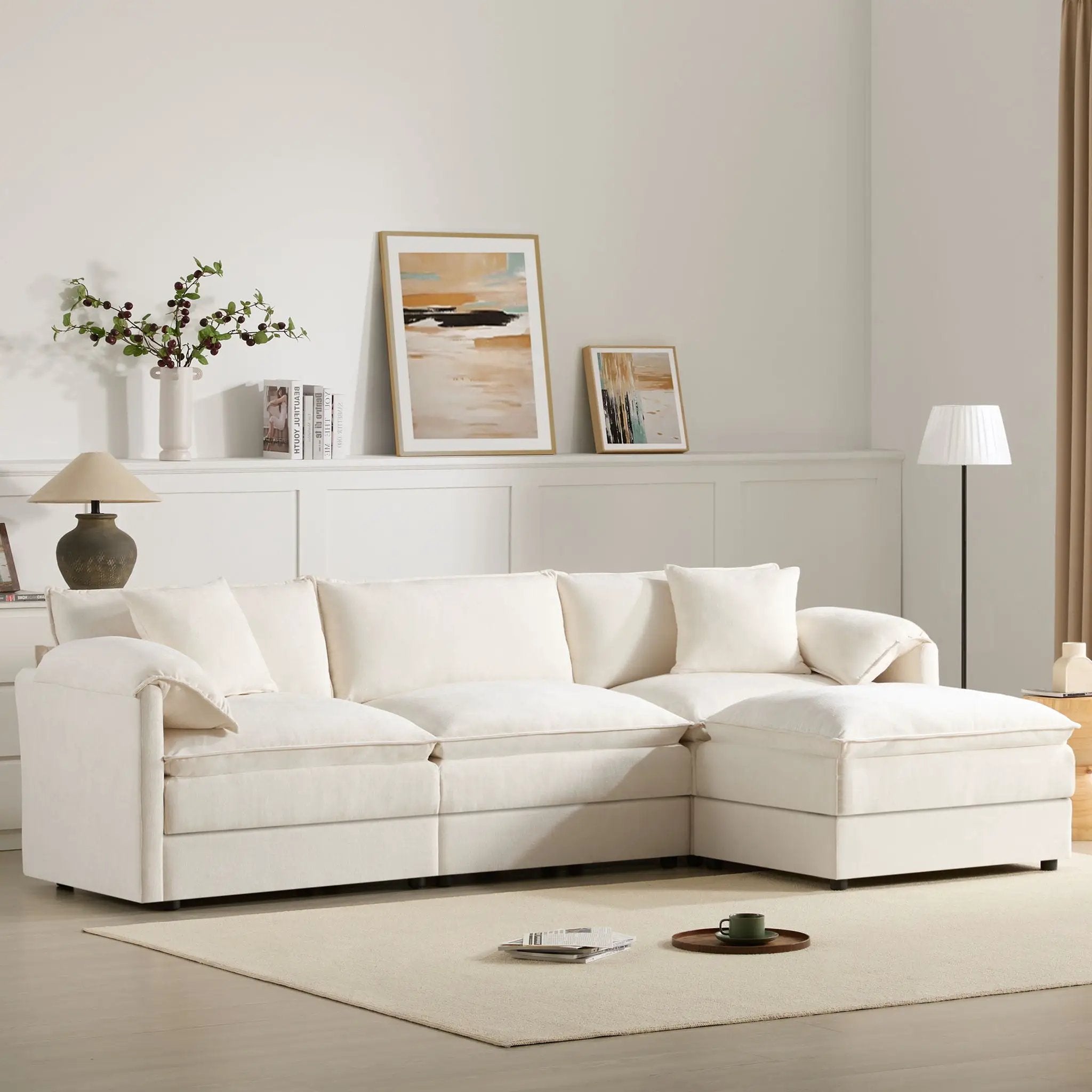 Modular Sectional With Deep And Wide Seat, Cloud Couch Set With Double Cushions Sofa With Movable Ottoman by Unique Piece Furniture