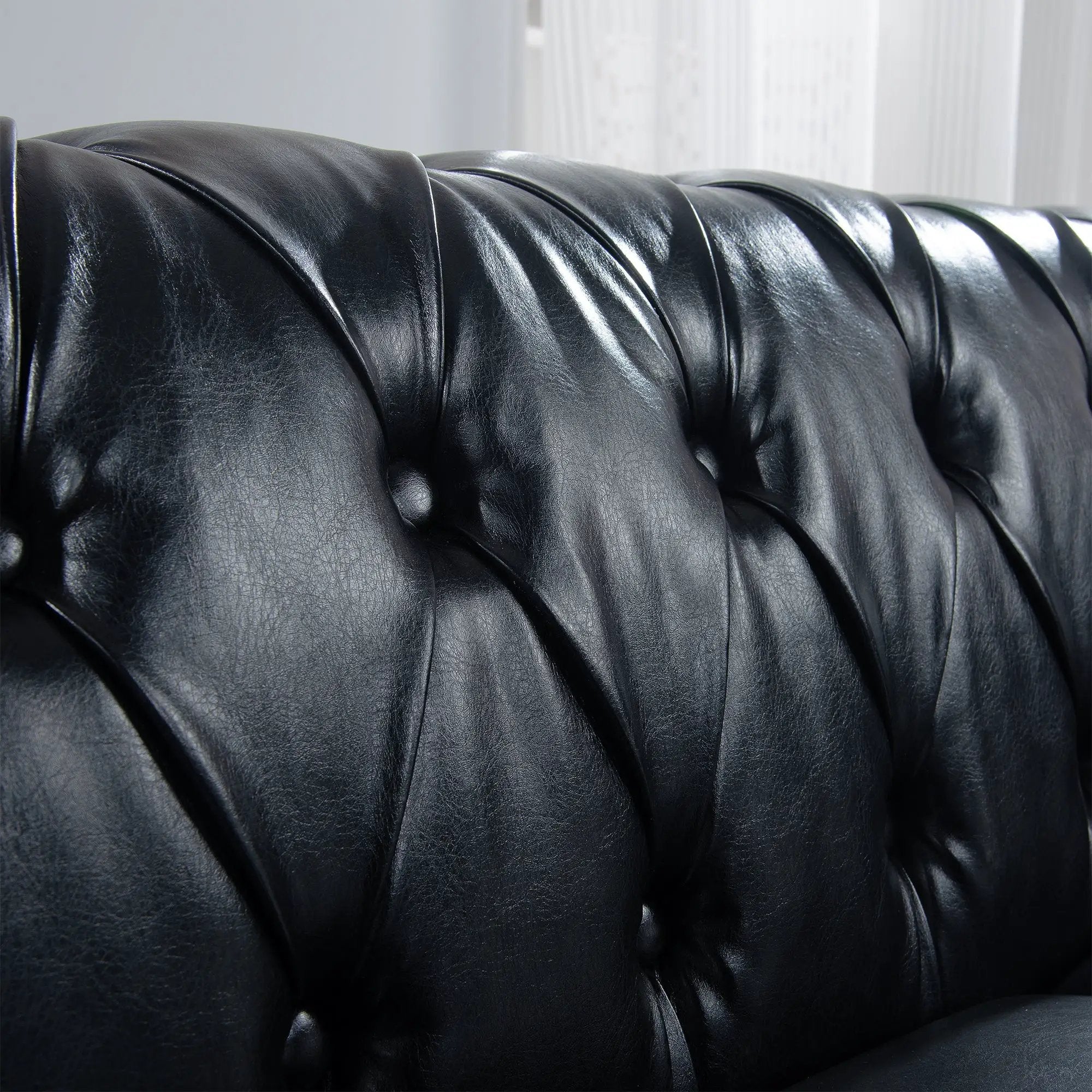 84.65" Black PU Rolled Arm Chesterfield Three Seater Sofa by HouseOfZazla