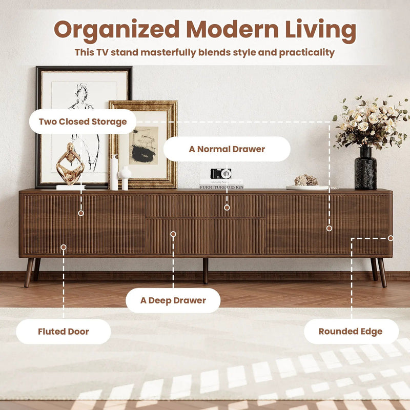 Fluted TV Stand With Storage Drawers And Cabinets For TVs Up To 80", Soft-Close Hinges, Cable Management - Walnut by Unique Piece Furniture