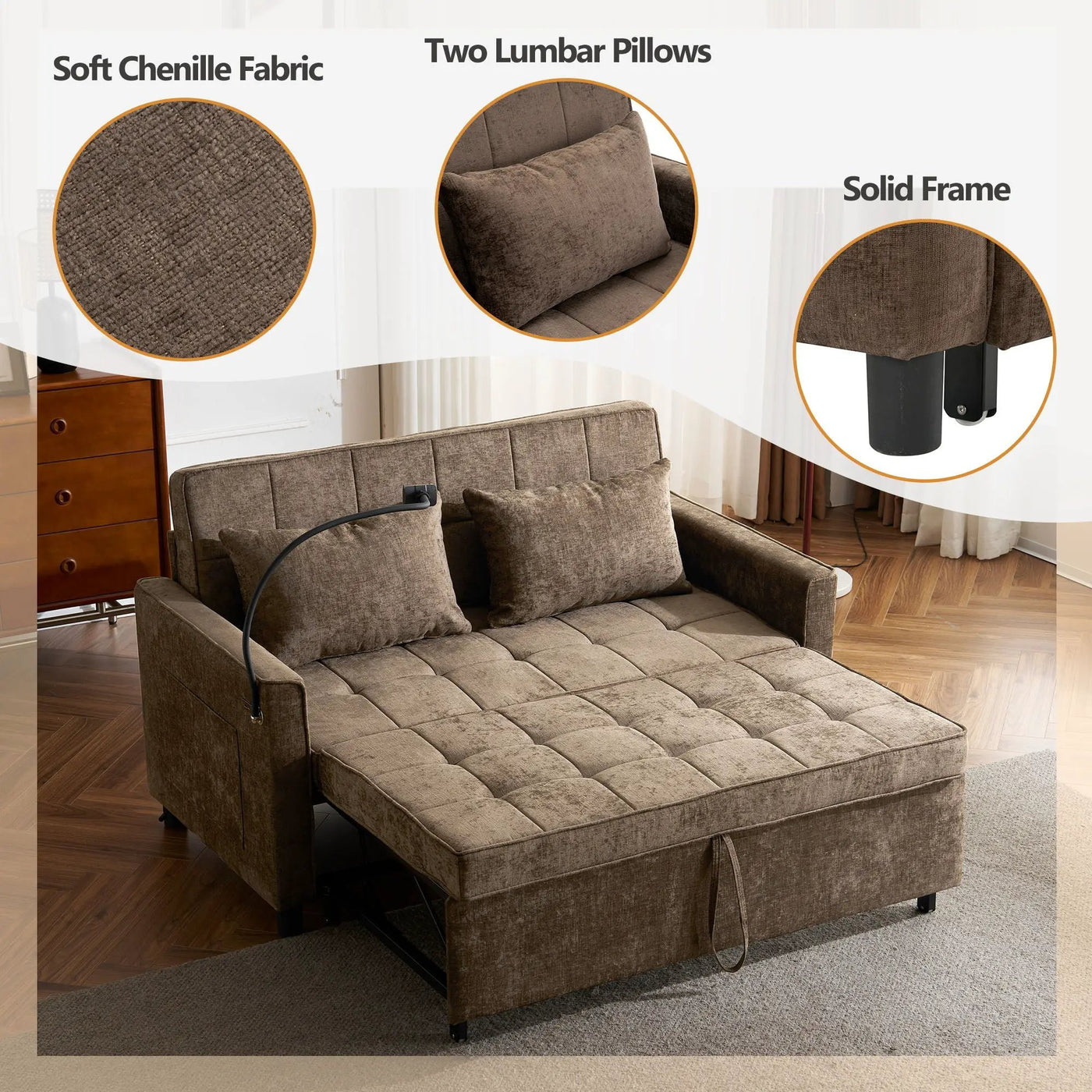 Pull-Out Sleeper Sofa With Reversible Backrest Cushion, Side Pockets, 2 USB Ports And A Phone Holder For Living Room by Unique Piece Furniture