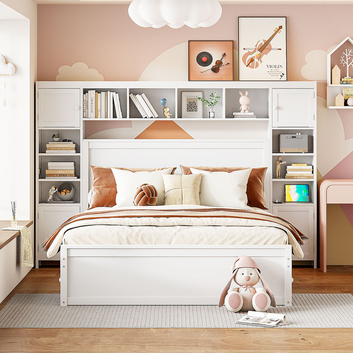 Queen Cabinet Bed with Shelves and Built-in Sockets - Dark Brown, White or Dark Gray, photo 4 of 12