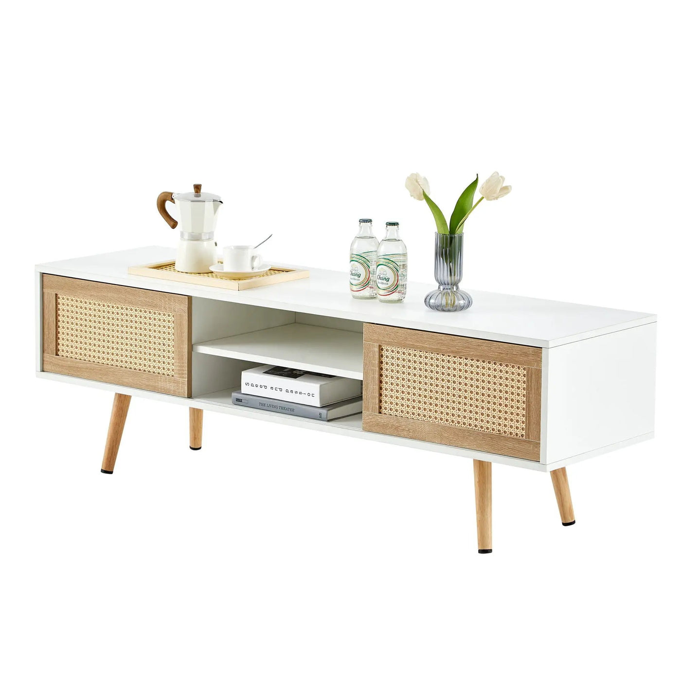 55.12" Rattan TV Cabinet, Double Sliding Doors For Storage, Adjustable Shelf, Solid Wood Legs, TV Console For Living Room by HouseOfZazla