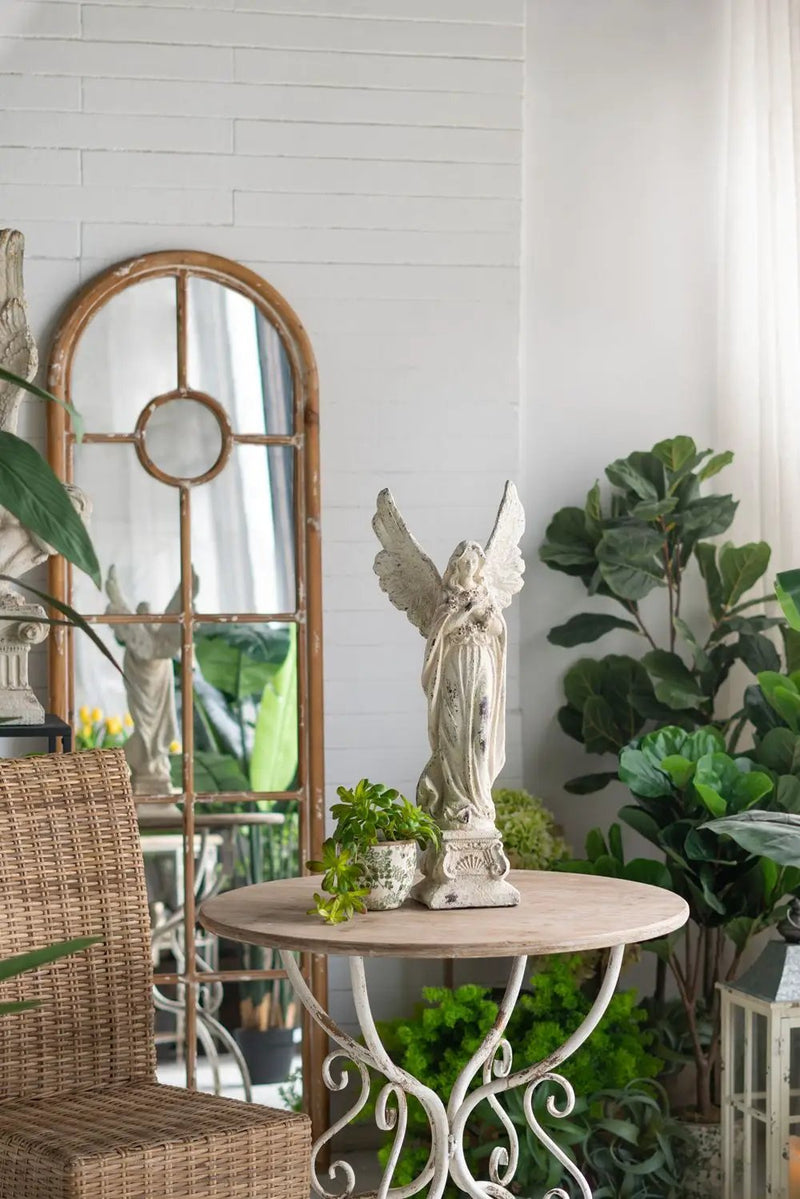 Round Wooden Table With Metal Scrollwork Legs - White Washed by HouseOfZazla