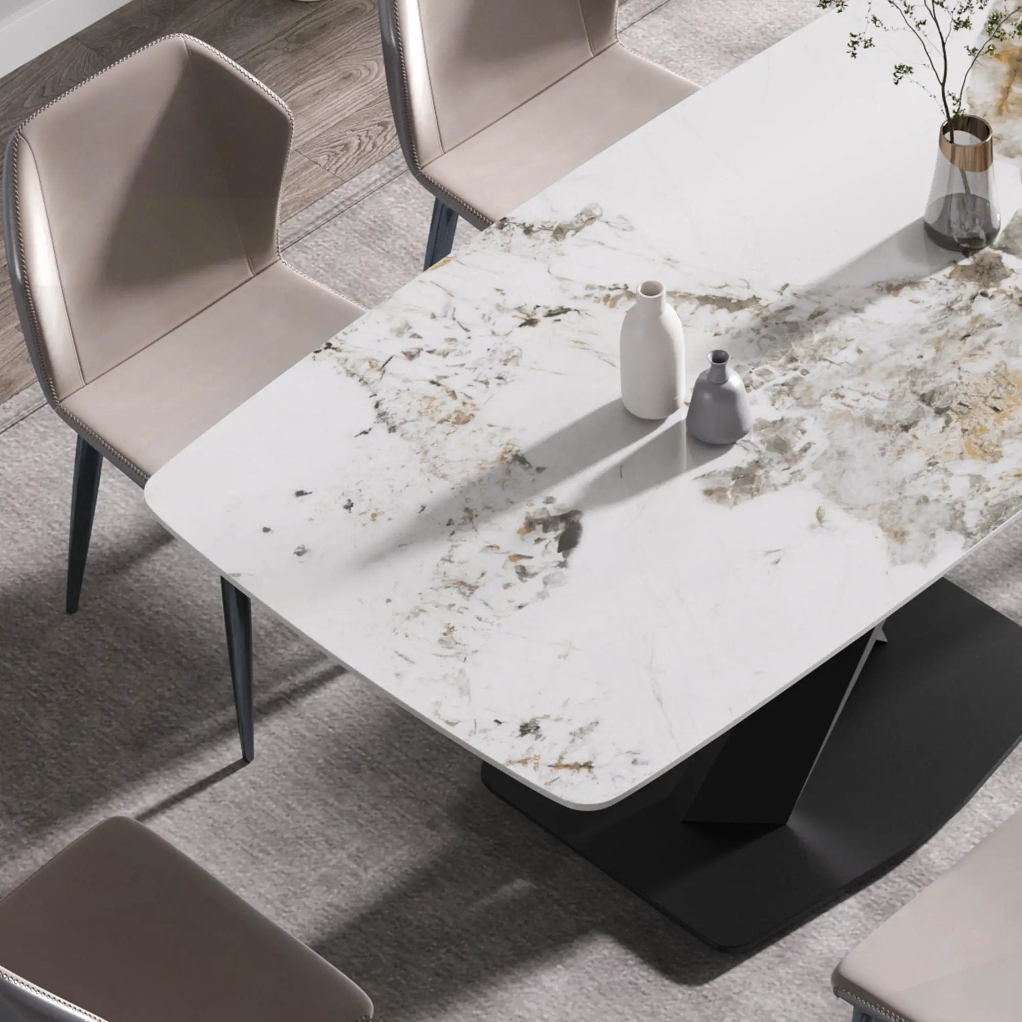 Modern Artificial Stone Pandora White Curved Metal Leg Dining Table, Can Accommodate 6-8 People - Antique White by HouseOfZazla