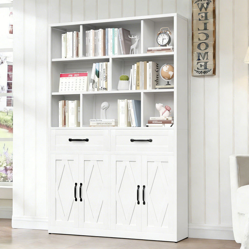 Bookcase Tall With 2 Doors & 2 Drawers, Fixed Open Shelves - White by HouseOfZazla